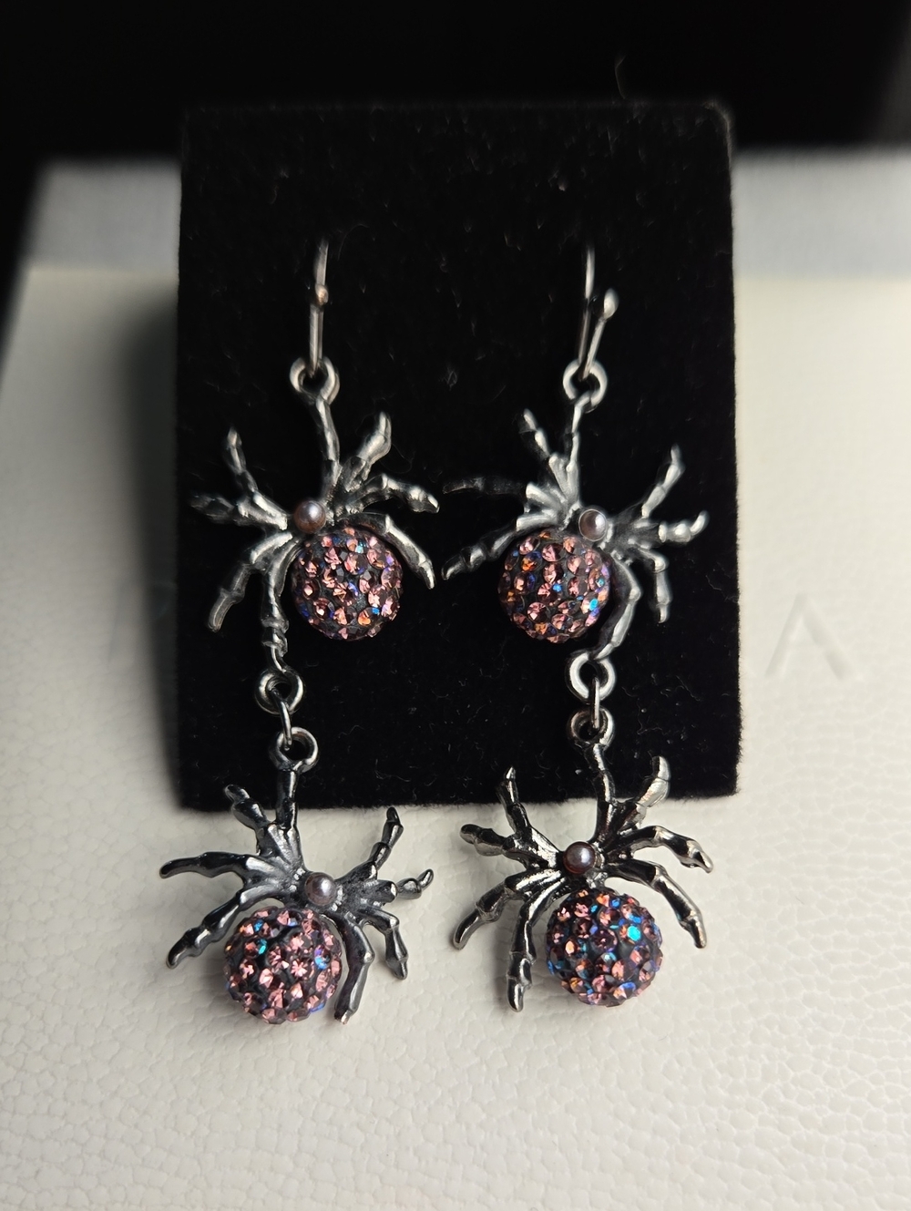 Vintage Pink and Iridescent Spider Drop Earrings
